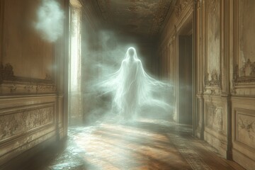 Ethereal figure appearing in a dimly lit hallway of an abandoned mansion during twilight