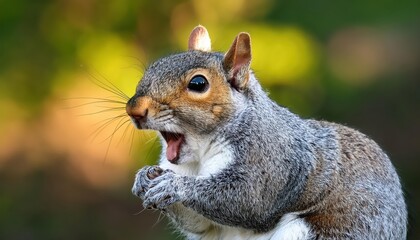 Grey Squirrel Yawning in Forest Majestic Moment of Relaxation Amidst Autumn Leaves and Mossy Bark, Captured with Soft Focus and Warm Light