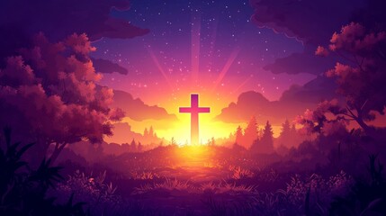 Fototapeta premium Serene Sunrise with a Cross in a Forest Landscape