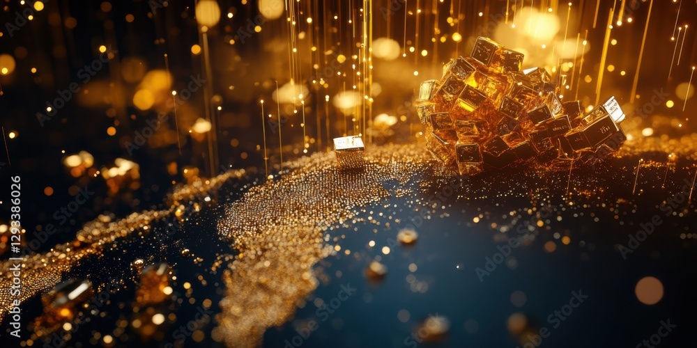 Poster gold particles sparkle and cascade over a globe, creating an enchanting visual of wealth and abundan