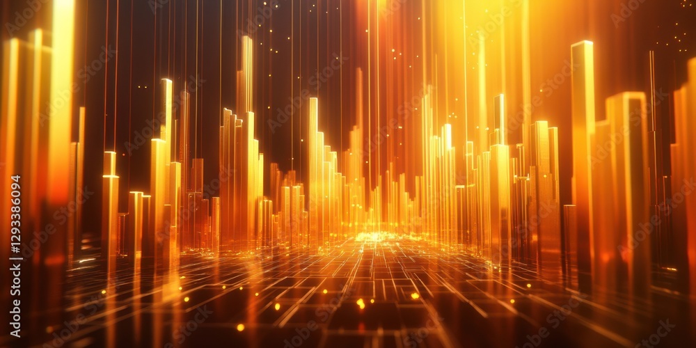 Poster dynamic display of golden light structures creates a futuristic landscape with vertical lines repres