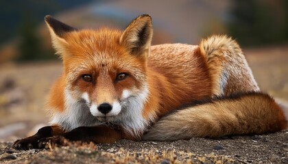 Fototapeta premium Majestic Red Fox Lounging in Forest Undergrowth, Gorgeous Fur Coat Contrasting with Dappled Shadows, Captured Momentarily amidst the Serene Wilderness.