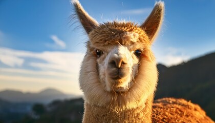 Fototapeta premium Closeup of an Alpaca Gazing Intently Under Full Sunlight in Andean Highlands, Showcasing Soft Wool Texture and Vivid Eyes Amidst Golden Fields and Blue Sky, Capturing the Majesty of this