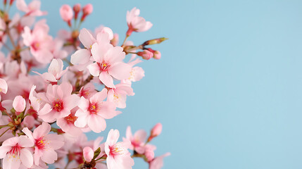 Delicate Pink Cherry Blossoms on Blue Background