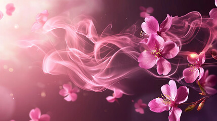 Pink fragrance wind swirl with glowing smoke and cherry or sakura tree flower petals. Realistic vector illustration set of abstract air spray or splash of bright neon mist. Floral flavored breeze.