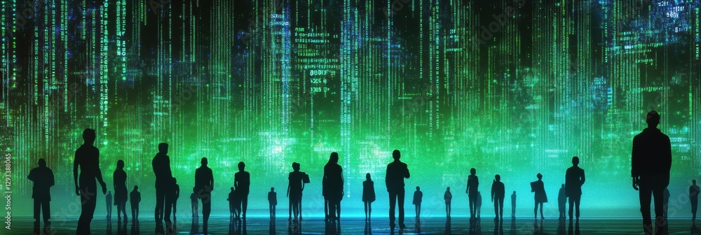 Aufkleber futuristic digital realm showcasing human silhouettes amidst a cascade of floating matrix code in vi
