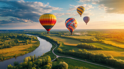 Fototapeta premium Summer landscape with flying hot air balloons, green fields, river and road. Vector cartoon illustration of countryside with colorful airships with baskets fly over meadows and grassland on hills