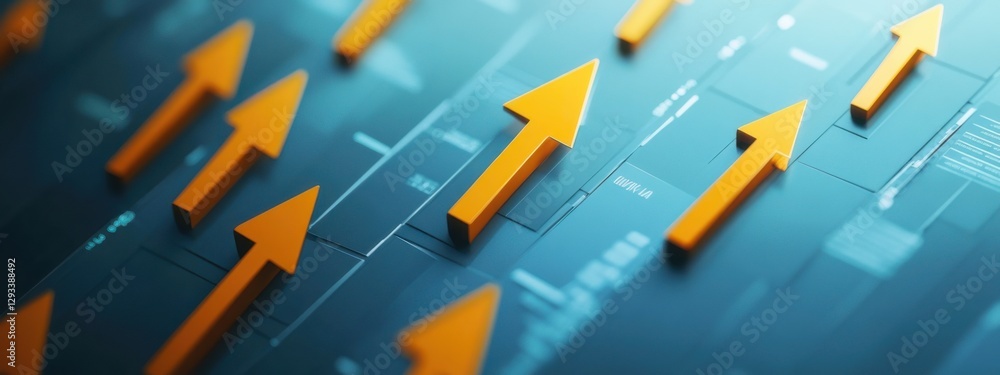 Poster upward trends displayed on a blue digital interface using vibrant orange arrows to represent growth 