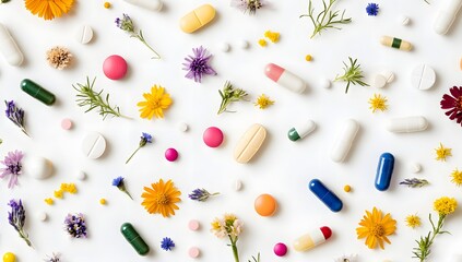 Colorful pills and flowers arranged on white background, healthy living concept