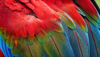Obraz premium Striking Closeup of Red and Green Macaw Feathers Against a Rich Textured Background, Showcasing Exotic Beauty and Vibrant Colors in Tropical Wilderness