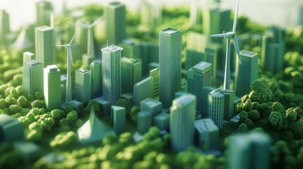 Obraz premium Urban landscape model showcasing sustainable architecture and renewable energy solutions