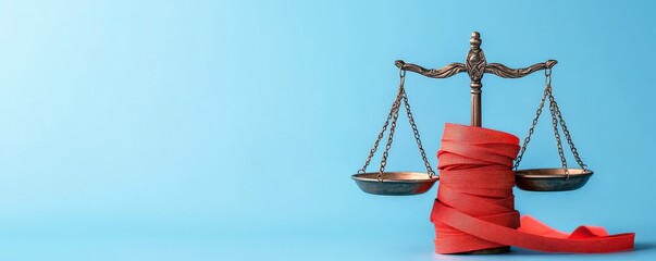 law restriction policy concept. Symbolic scales of justice draped in a red cloth on a blue background.