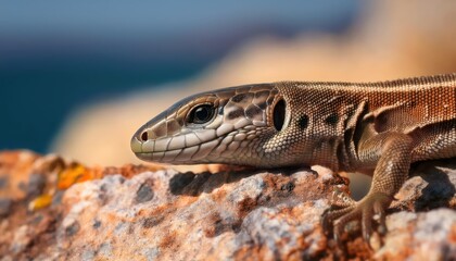 Naklejka premium Vibrant and Resilient Ibiza Wall Lizard in a Mediterranean Background, Capturing the Spirit of Spains Biodiversity with Detailed Textures and Intense Gaze