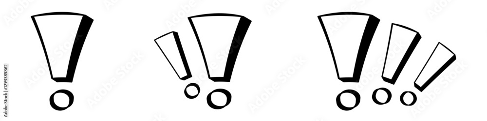 Poster three exclamation marks shown in a row, increasing in size from left to right.