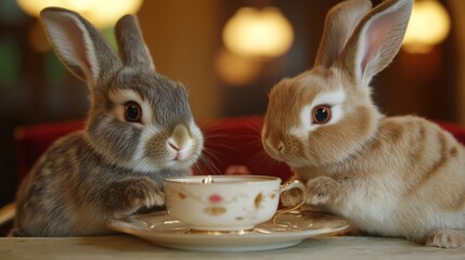 Rabbits' Tea Party: Refined Companionship with Teacup 