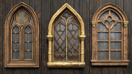 Obraz premium Fantasy decoration game ui frame for avatar or menu banner. Golden, wooden and silver oval and rectangular border with curling edges. Cartoon vector illustration set of medieval interface design deco