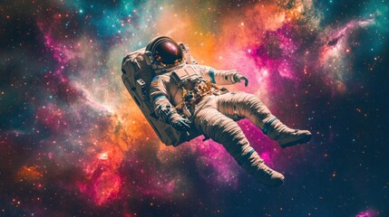 Fototapeta premium Astronaut floating in vibrant galaxy with colorful nebula and stars