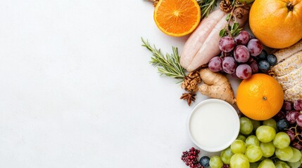 Assorted fresh fruits and vegetables, healthy food, balanced diet, top view, food photography, ingredient display, for nutritional information