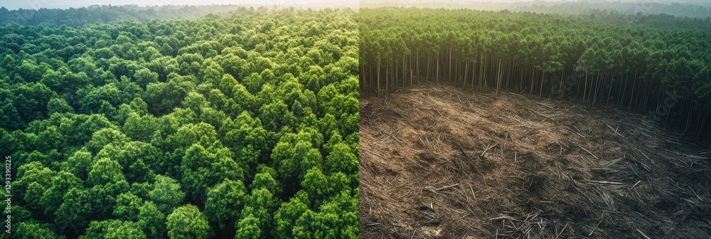 Poster Contrast of deforested land and thriving forest highlights nature conservation issues in modern ecosystems. Generative AI