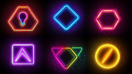 Retro show signs set isolated on transparent background. Vector realistic illustration of red square, round, rhombus frames decorated with light bulbs illumination, blank banner for game ui design