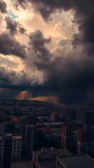 Fototapeta premium Dramatic stormy sky over urban skyline creates a striking contrast at dusk