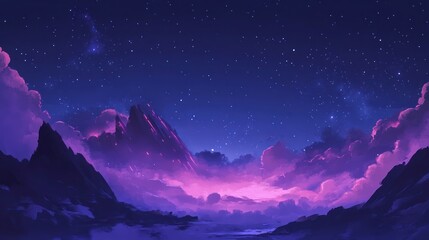 Purple mountain range, starry night sky, cloudscape, fantasy landscape, digital art