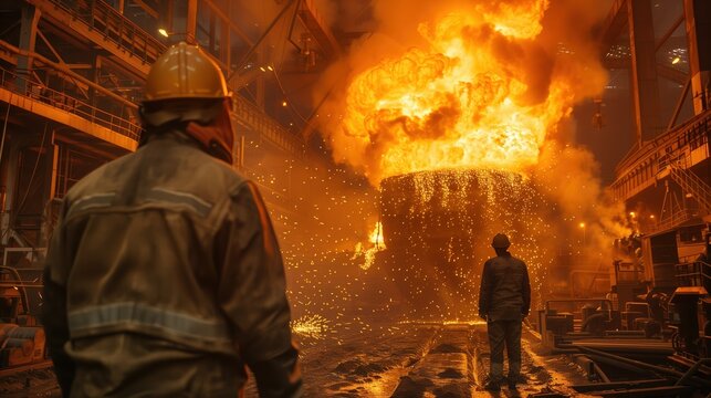 Production process at a steel plant. Work in the foundry. The process of work at a metallurgical plant. Metallurgists. Blast furnace. Melting metal. Domna. Conveyor. 