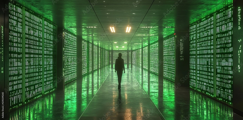 Poster walking through a green illuminated data center with reflections in the floor