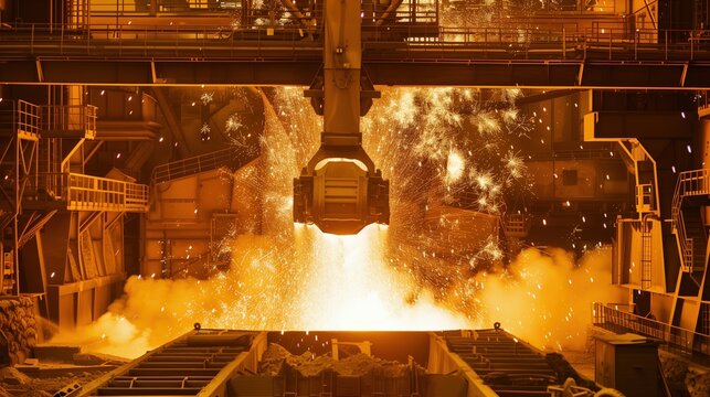 Production process at a steel plant. Work in the foundry. The process of work at a metallurgical plant. Metallurgists. Blast furnace. Melting metal. Domna. Conveyor. 