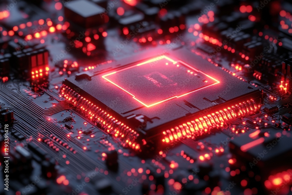 Aufkleber close-up view of a glowing circuit board with intricate electronic components showcasing red illumin