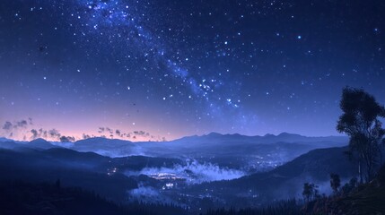 Milky Way over misty mountain valley at night