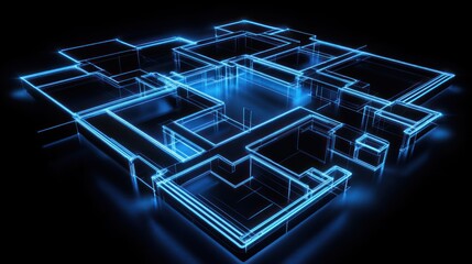 Futuristic building blueprint, glowing lines, dark background, architectural design, 3D render