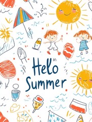Naklejka premium colorful drawing of summer icons and imagery, such as kites, suns, ice cream, and children playing in the background