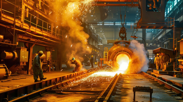 Production process at a steel plant. Work in the foundry. The process of work at a metallurgical plant. Metallurgists. Blast furnace. Melting metal. Domna. Conveyor. 