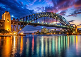 Obraz premium Sydney Harbor Bridge Night Panorama, Iconic Australian Landmark, Cityscape, River, Lights
