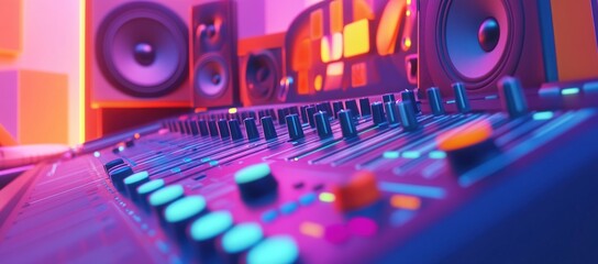 Fototapeta premium Close Up View of Music Production Mixer with Neon Pink and Blue Lighting