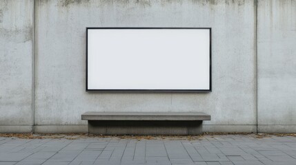Blank advertising board beside a concrete wall in an urban setting with a bench during daylight