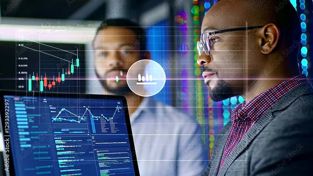 Poster data center engineers collaborate on cybersecurity solutions in server farm