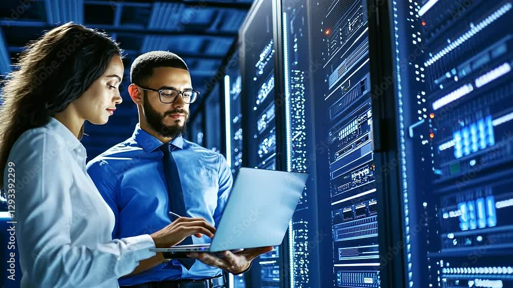 Poster data center engineer monitoring server performance in cloud facility