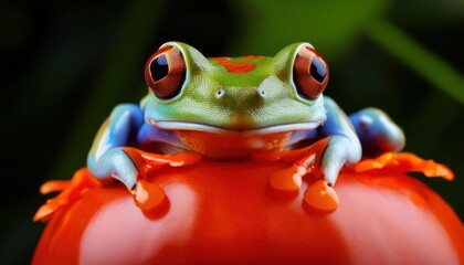 Vibrant Tomato Frog in Macro A Captivating Study of Textures and Colors, Showcasing the Intricate Patterns on a Striking Amphibian in a Tropical Environment.
