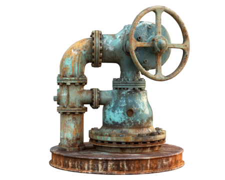 Rusty water pump with vintage design, featuring large wheel and pipes. weathered surface adds character, making it unique piece for industrial or historical themes