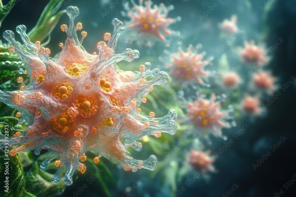 Poster microscopic view of virus-like structures in an underwater ecosystem during bright daylight