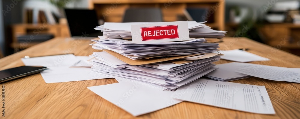 Poster law restriction policy concept. cluttered desk with stacked papers and documents in a workspace sett