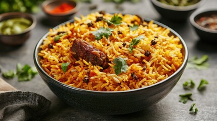Colorful biryani rice dish with vegetables and meat on a wooden table.