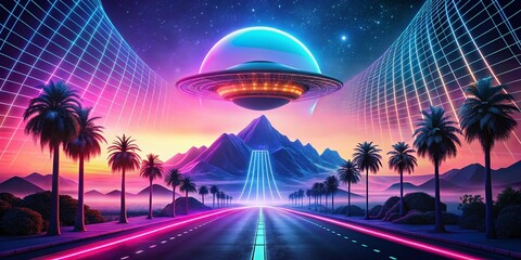Synthwave Palm Trees & UFO Double Exposure: Retro Futuristic Road Trip