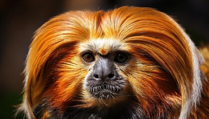 Vivid Portrait of a Golden Lion Tamarin, Majestic and Inquisitive in Closeup, Showcasing Vibrant Fur and Expressive Eyes against the Lush Greenery of the Rainforest.