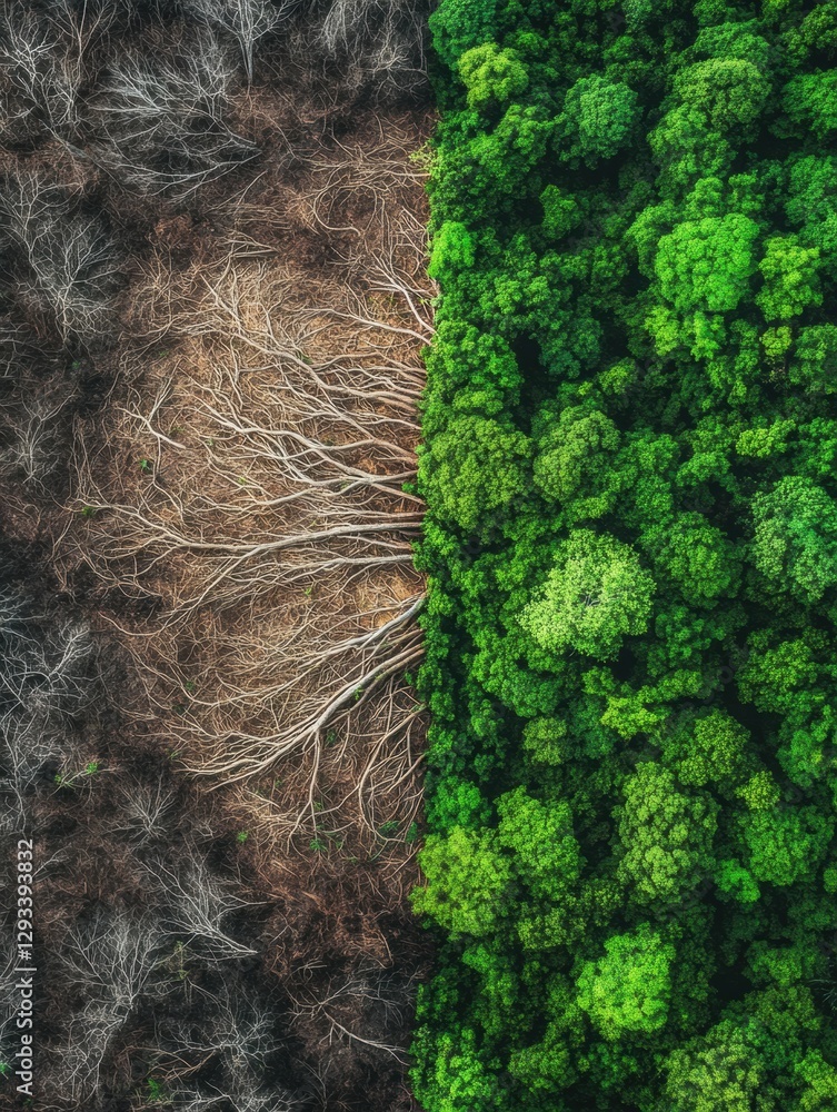 Aufkleber transition from deforested land to thriving forest highlights nature conservation efforts in diverse