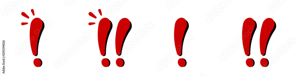 Poster a sequence of four bold red exclamation marks in a line, each mark uniquely styled.