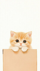 Mischievous orange kitten peeking from cardboard box