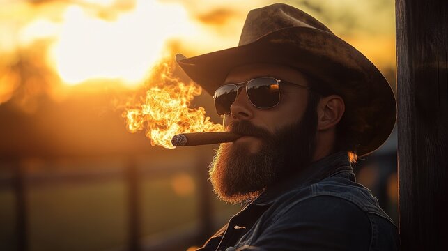 A bearded man with sunglasses and a cowboy hat, leaning against a wooden fence, enjoying a thick cigar with the sunset behind him.
